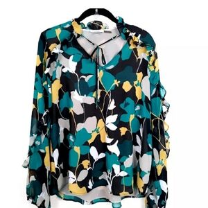 Calvin Klein Ruffle Blouse Women's Size Medium Pullover V-Neck Lined Floral
